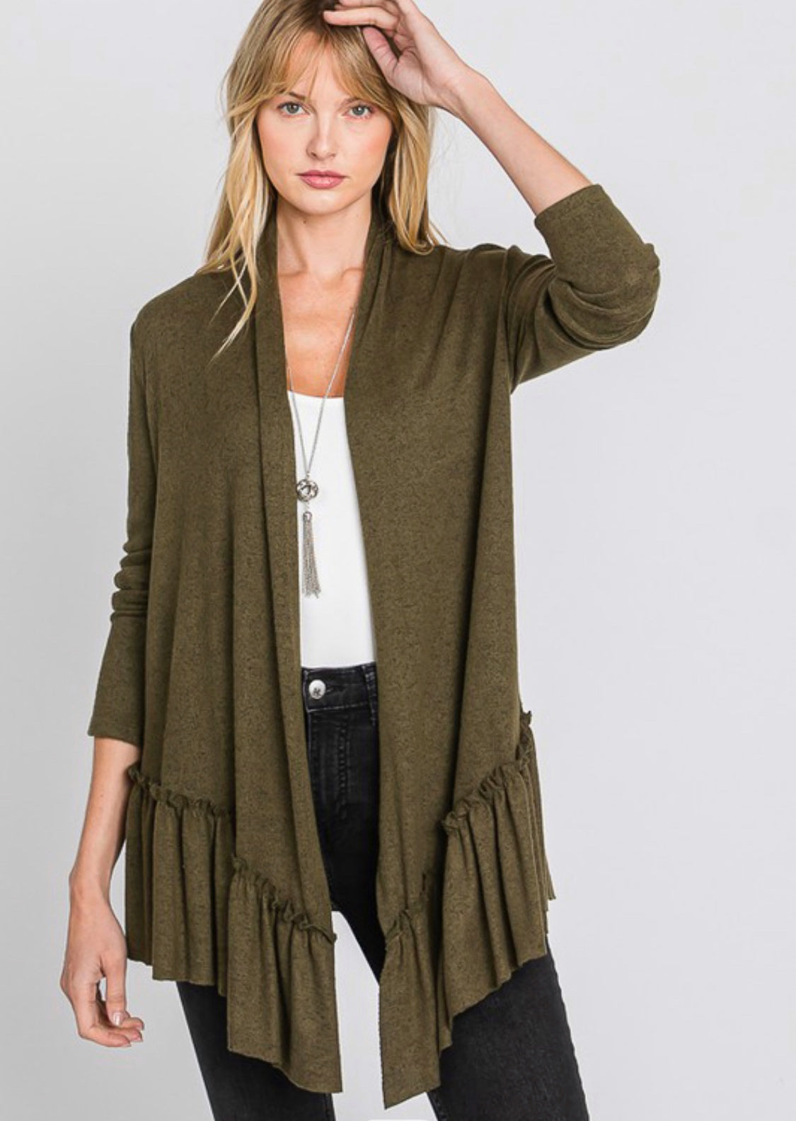 Olive Ruffle Hi-Lo Cardi