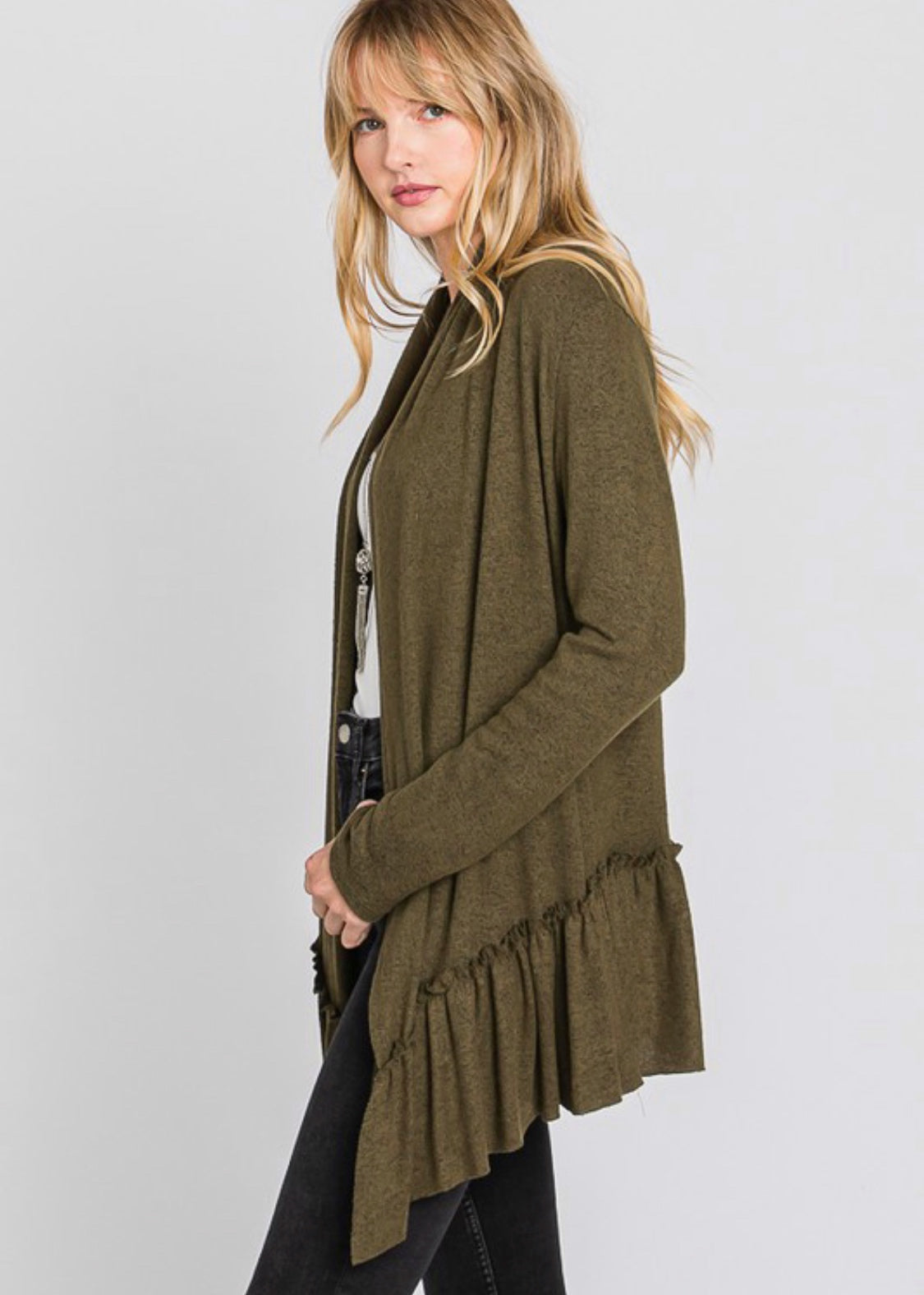 Olive Ruffle Hi-Lo Cardi